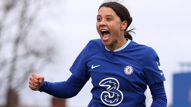 KINGSTON UPON THAMES, ENGLAND - JANUARY 29: Sam Kerr of Chelsea celebrates after scoring the team's third goal and their hat-trick during the Vitality Women's FA Cup Fourth Round match between Chelsea and Liverpool at Kingsmeadow on January 29, 2023 in Kingston upon Thames, England. (Photo by Alex Pantling/Getty Images)