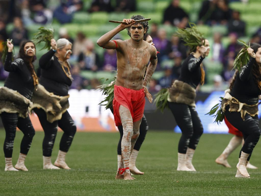 Indigenous dancers perform during a Welcome to Country at AAMI Park. Picture: Daniel Pockett/Getty Images