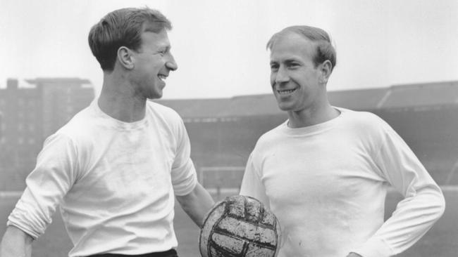 Jack Charlton, left, with younger brother Bobby during an England training session at Stamford Bridge in 1965. Picture: Allsport Hulton