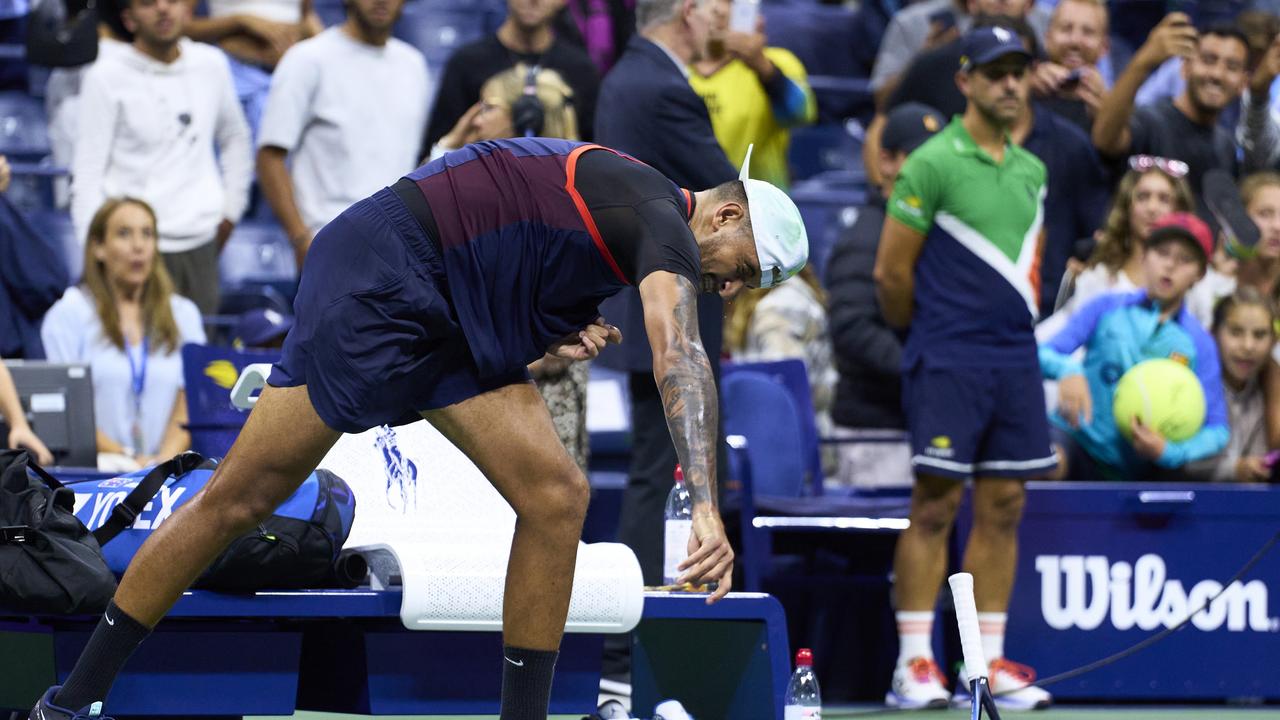 Nick Kyrgios smashes his racket after being defeated by Karen Khachanov in the quarterfinals of the 2022 US Open. Picture: Diego Souto/Quality Sport Images/Getty Images