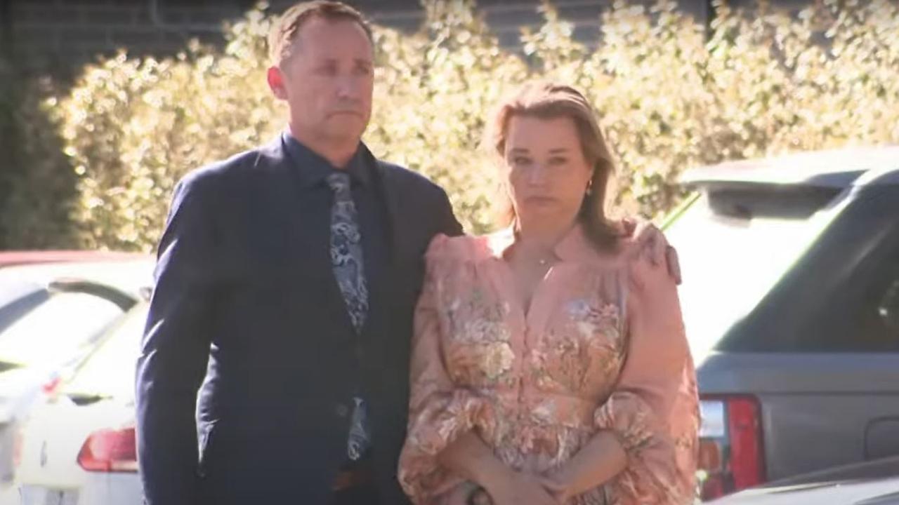 Shaun and Samantha Bowles at the funeral of Holly Morton-Bowles. Picture: 7News