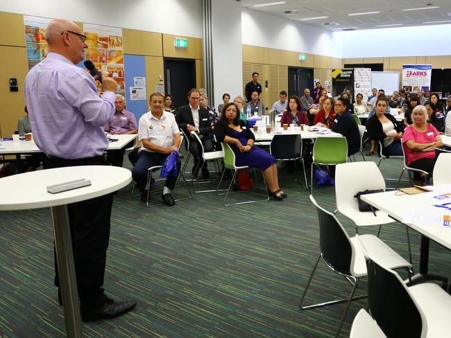 Tim Costello addressing around 100 community workers at the Gambling Harm in Fairfield forum on April 4, 2019. Picture: Woodville Alliance