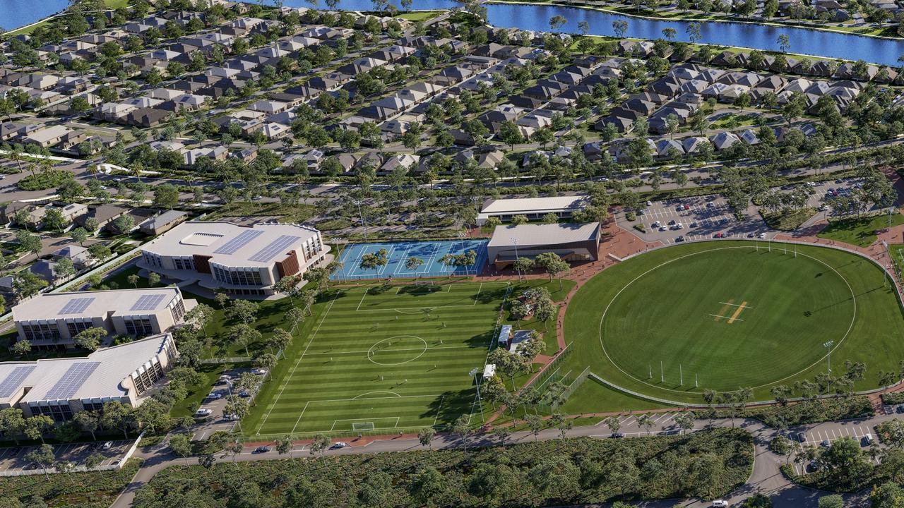 Architect’s impressions of the soccer pitch and multi-use oval at the new Xavier College campus at Riverlea. Picture: Supplied.