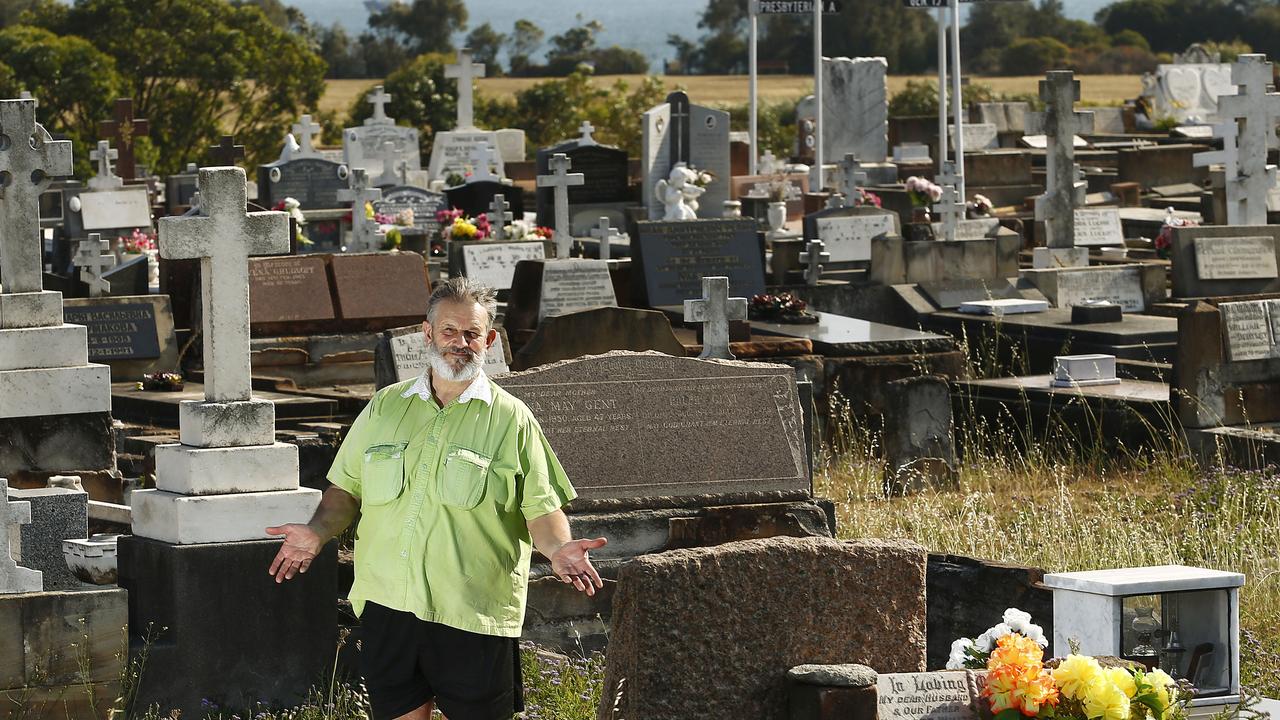 Colin Morris at the Grave site in Eastern Suburbs memorial park. Colin is selling the shared plot that has water views. Picture: John Appleyard