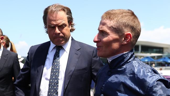 Coolmore Australia boss Tom Magnier and jockey James McDonald after Switzerland’s win in the Pierro Plate at Randwick. Picture: Getty Images