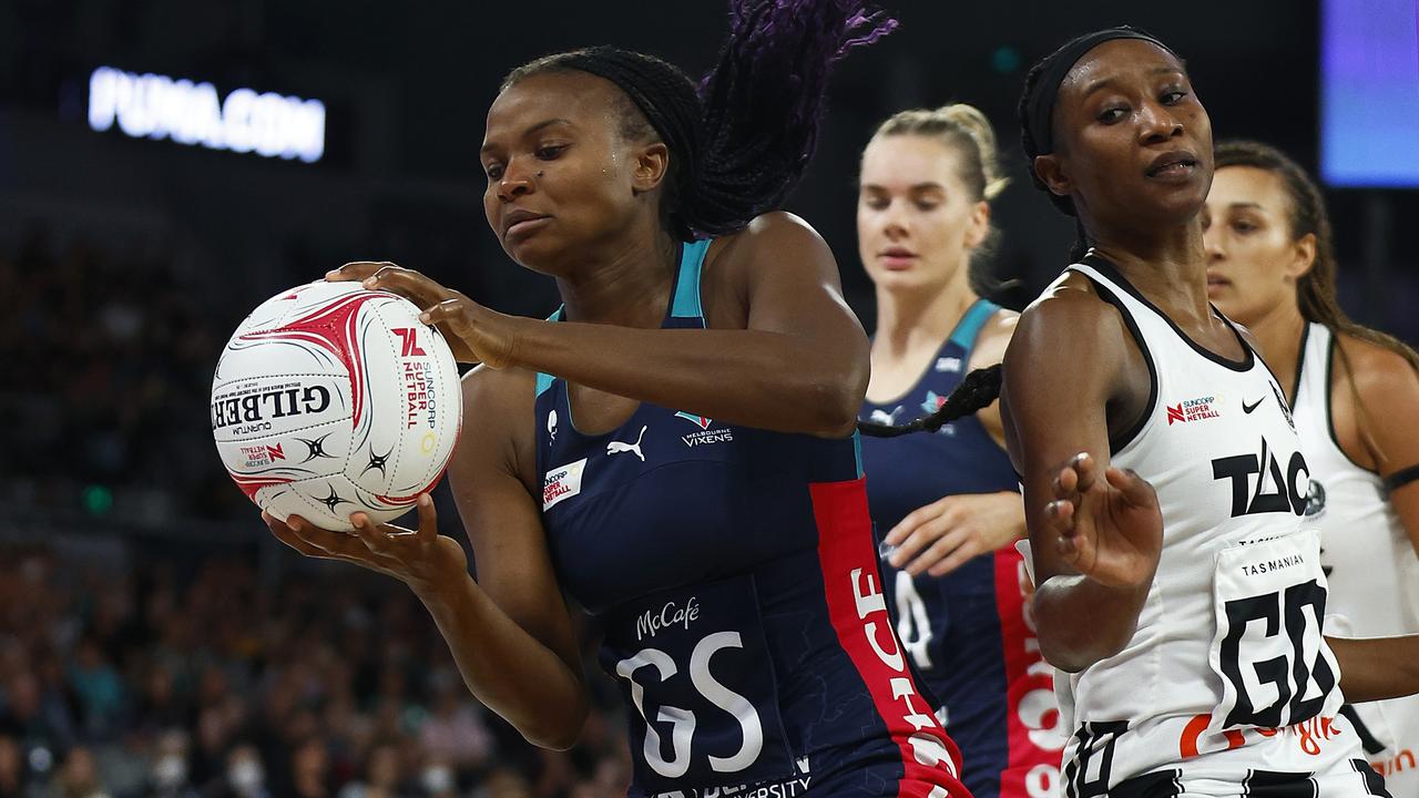 Mwai Kumwenda of the Vixens receives a pass during their loss to the Magpies. (Photo by Daniel Pockett/Getty Images)