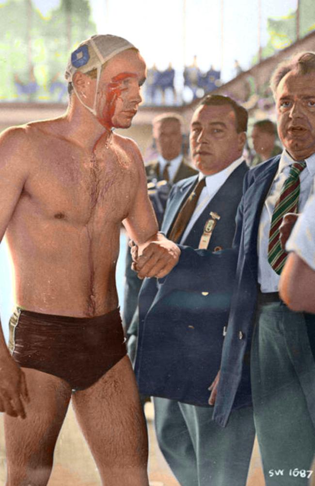 A colourised image of Ervin Zador of Hungary emerging from the pool during the 1956 match against Russia.