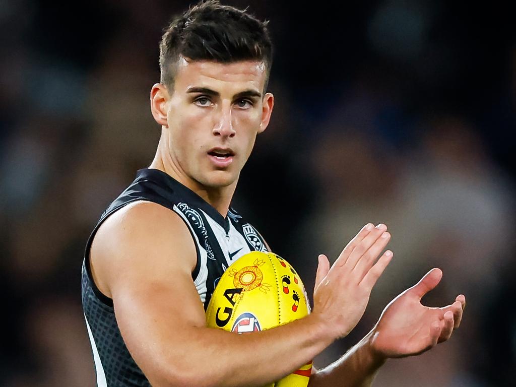 MELBOURNE, AUSTRALIA - MAY 28: Nick Daicos of the Magpies looks on during the 2023 AFL Round 11 match between the Collingwood Magpies and the North Melbourne Kangaroos at Marvel Stadium on May 28, 2023 in Melbourne, Australia. (Photo by Dylan Burns/AFL Photos via Getty Images)