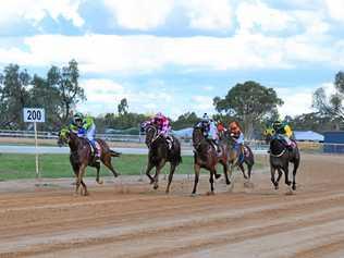 Coming down the home straight in Race 1 at the Roma Picnic Races. Picture: Jorja McDonnell