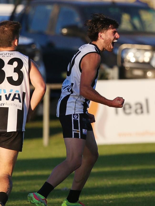 North Geelong's Osca Riccardi celebates a goal. GDFNL North Geelong v Bannockburn. Picture: Alan Barber