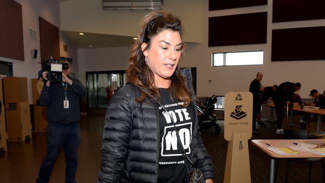 Senator Lidia Thorpe casts her vote in the Indigenous voice referendum at a polling station in Melbourne. Picture: Andrew Henshaw