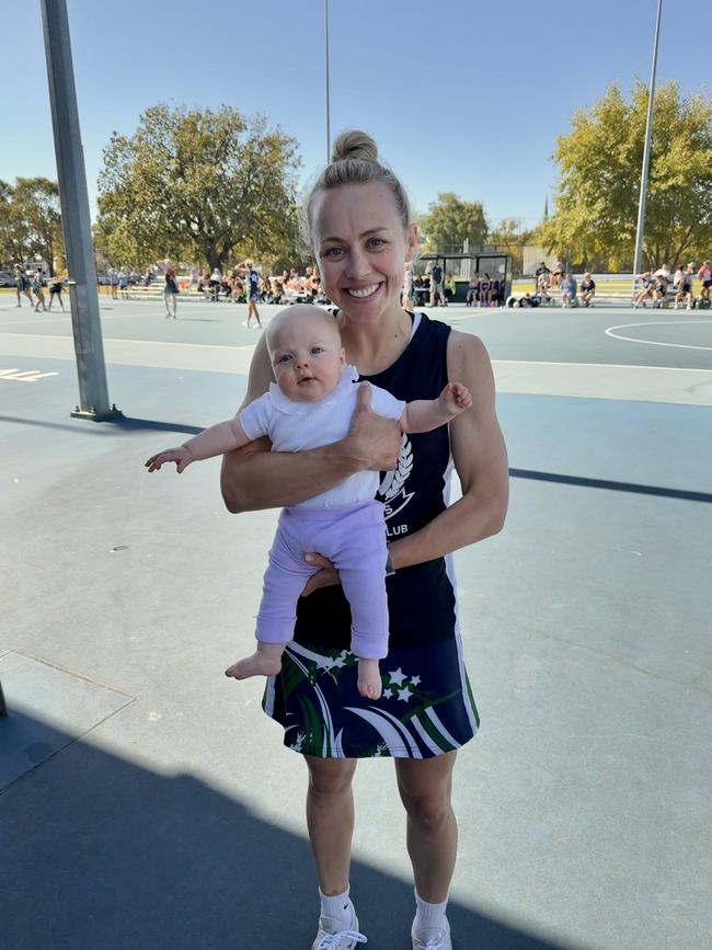Renee Garing with daughter Scarlett, five months, after round 1 with St Mary’s. Picture: supplied
