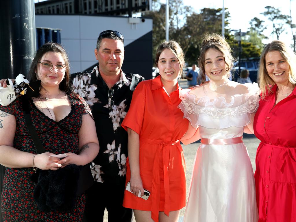 Geelong High graduation at GMHBA Stadium. Tanika Stevens, Fabian, Paris, Shae and Allana Guillemin Picture: Mike Dugdale