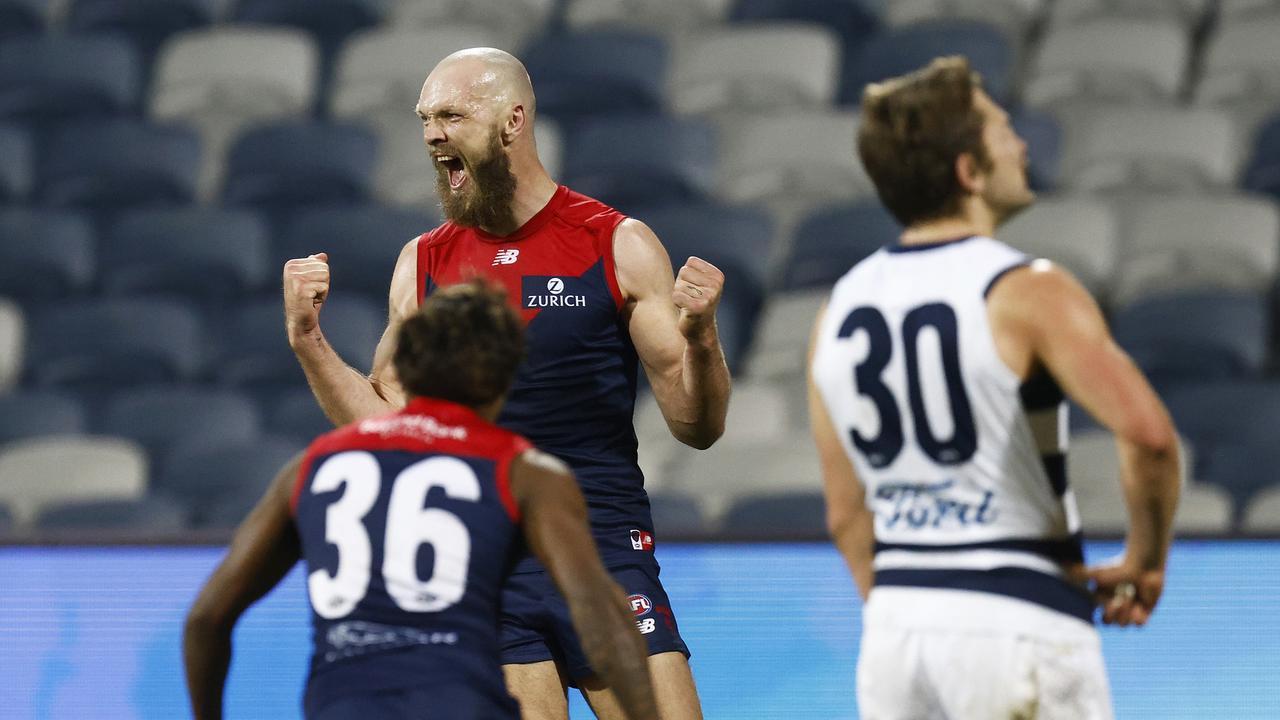 Max Gawn of the Demons celebrates after kicking the goal after the siren to win. Picture: Getty Images