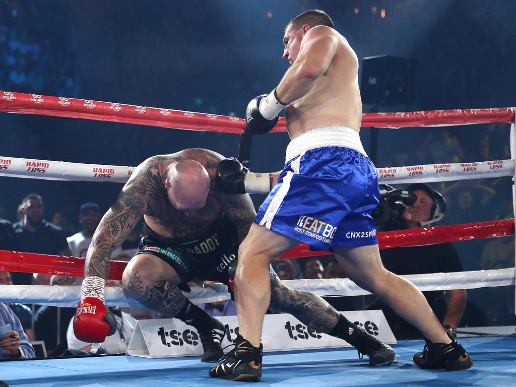 Paul Gallen puts down Lucas Browne. (Photo by Mark Metcalfe/Getty Images)