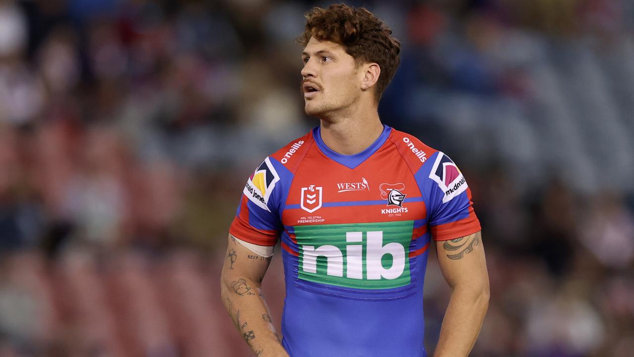 NEWCASTLE, AUSTRALIA - MAY 01: Kalyn Ponga of the Knights warms up during the round eight NRL match between the Newcastle Knights and the Sydney Roosters at McDonald Jones Stadium, on May 01, 2021, in Newcastle, Australia. (Photo by Ashley Feder/Getty Images)