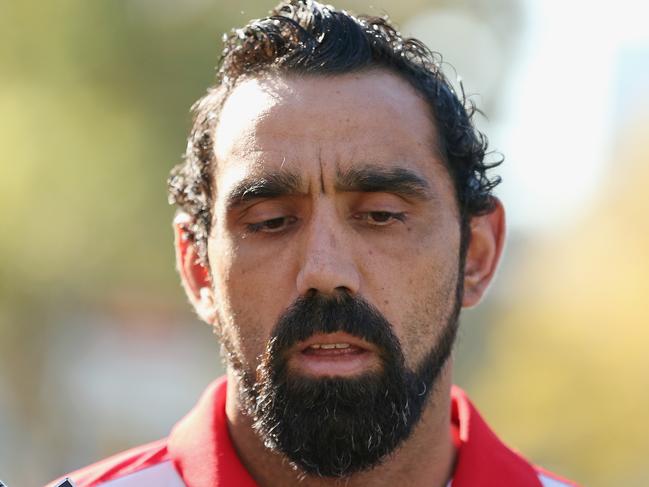 Adam Goodes of the Sydney Swans speaking to media. Picture: Scott Barbour/Getty Images