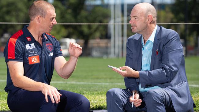 Simon Goodwin speaks to Mark Robinson at Gosch’s Paddock. Picture: Sarah Matray