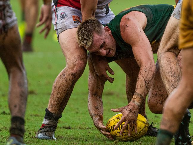 Waratah lodged an official complaint on whether Saints defender Lucas Jellyman-Turner was living in Darwin as a permanent resident, after which St Mary’s produced an NT driver’s licence and an up-to-date lease agreement. Picture: Che Chorley