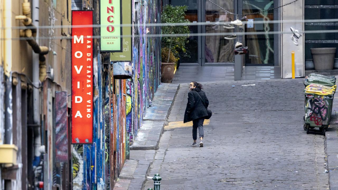 Melbourne’s famous Hosier lane was deserted when this photo was taken on Monday. Picture: NCA NewsWire / David Geraghty