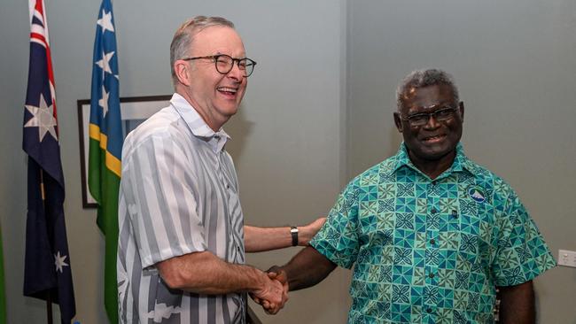 Anthony Albanese with Solomon Islands Prime Minister Manasseh Sogavare in Fiji in July. Picture: AFP