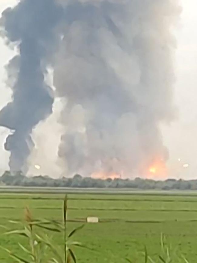 Fire and smoke billowing from munitions depot in Crimea. Picture: AFP