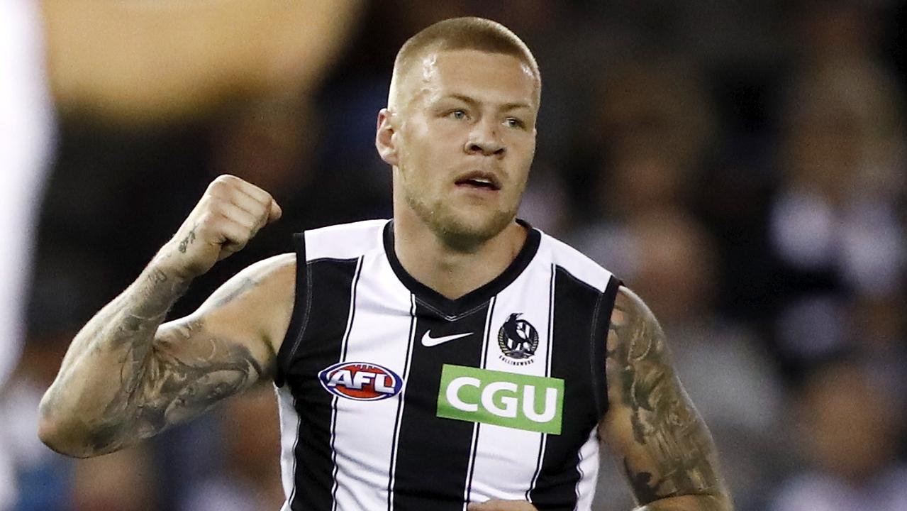 MELBOURNE, AUSTRALIA - MAY 08: Jordan De Goey of the Magpies celebrates a goal during the 2021 AFL Round 08 match between the North Melbourne Kangaroos and the Collingwood Magpies at Marvel Stadium on May 08, 2021 in Melbourne, Australia. (Photo by Dylan Burns/AFL Photos via Getty Images)