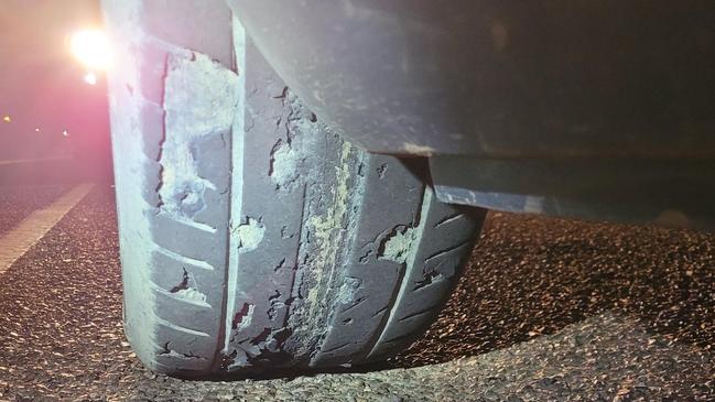 The tyres of the Holden Commodore the suspended learner was driving while double the legal limit were found to be completely bald. Picture: Supplied