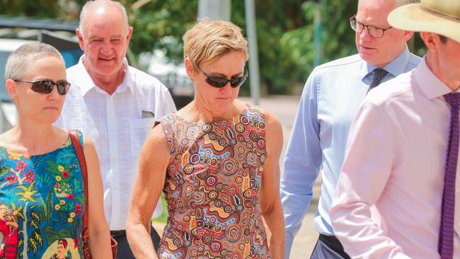 Former Children's Commissioner Colleen Gwynne flanked by her legal team outside court. Picture: Glenn Campbell