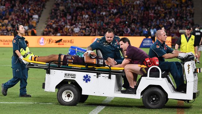 John Asiata is taken from the field after suffering a neck injury. Picture: Bradley Kanaris/Getty Images