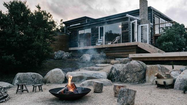 Fire pit at Whale Song in Falmouth, Tasmania.