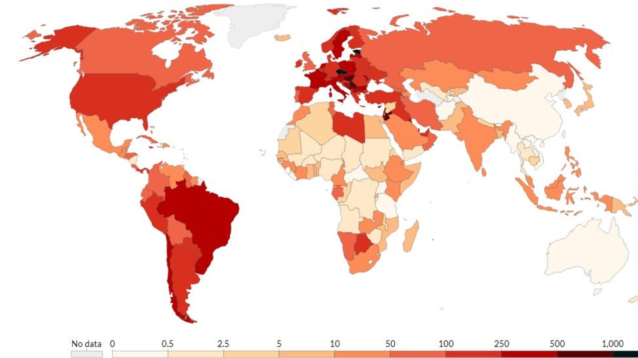 Map showing daily new confirmed COVID-19 cases per million people from <a href="https://ourworldindata.org/coronavirus" title="ourworldindata.org">Our World in Data</a>