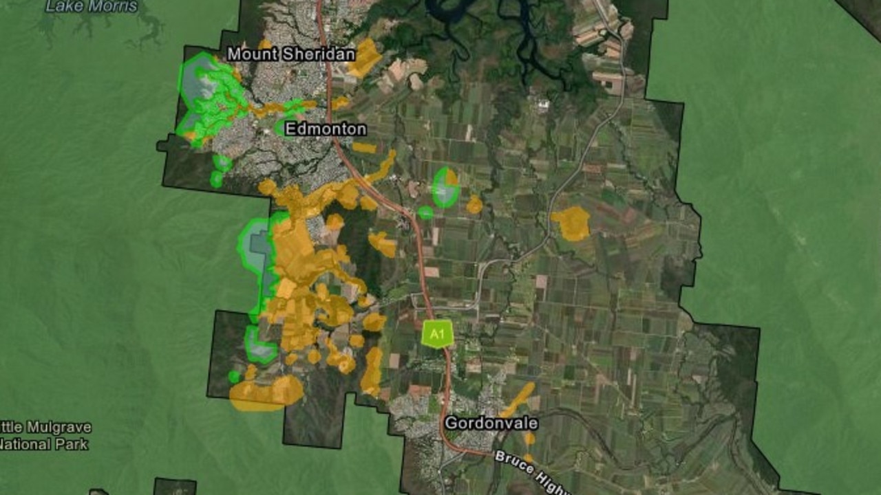 The orange-shaded shapes in this map depict the treatment areas for yellow crazy ants in the Cairns and Kuranda area. Image: Wet Tropics