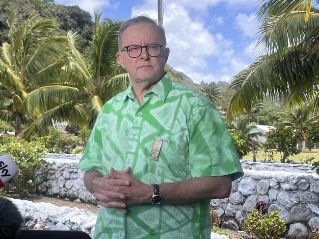 Prime Minister Anthony Albanese speaks at a press conference during the Pacific Islands Forum in Rarotonga.