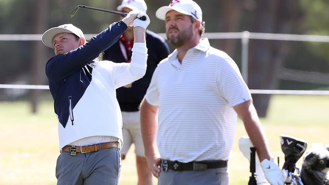 ADELAIDE, AUSTRALIA - APRIL 19: Marc Leishman watches Cameron Smith during a practice round ahead of LIV Golf Adelaide at The Grange Golf Club on April 19, 2023 in Adelaide, Australia. (Photo by Sarah Reed/Getty Images)