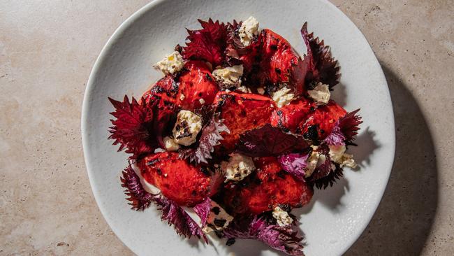 Lennox Hastie’s grilled watermelon and feta salad. Photo: Nikki To / TWAM