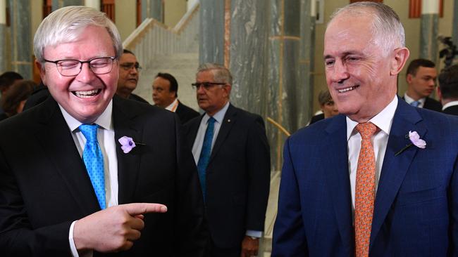 Kevin Rudd and Malcolm Turnbull share a chuckle in 2018. Picture: AAP