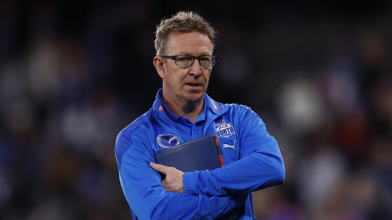 MELBOURNE, AUSTRALIA - JUNE 12: David Noble, Senior coach of the Kangaroos looks on after the round 13 AFL match between the North Melbourne Kangaroos and the Greater Western Sydney Giants at Marvel Stadium on June 12, 2022 in Melbourne, Australia. (Photo by Darrian Traynor/Getty Images)