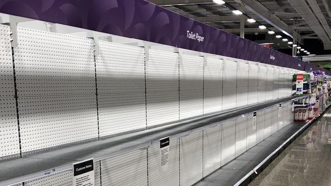 Empty shelves of toilet paper at Woolworths Brighton. Picture: Matt Deighton