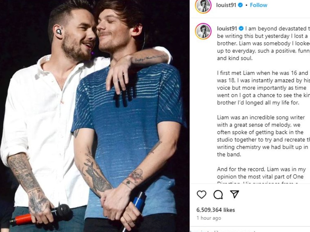 Louis Tomlinson also posted a moving tribute to his former bandmate and friend Liam Payne, along with this image of the two of them performing together. Picture: Instagram