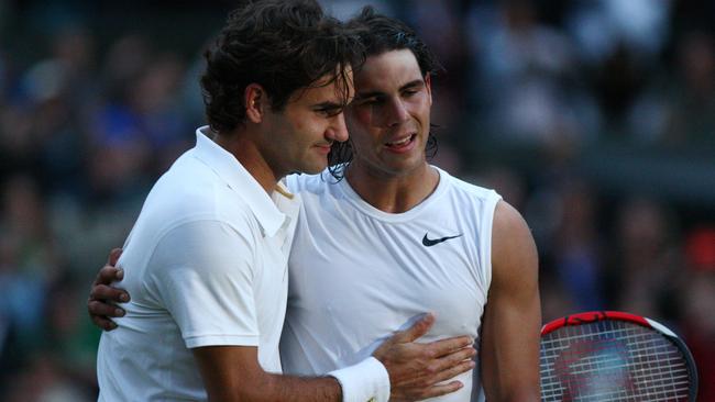 Nadal and Federer at the net after the match. Picture: AFP