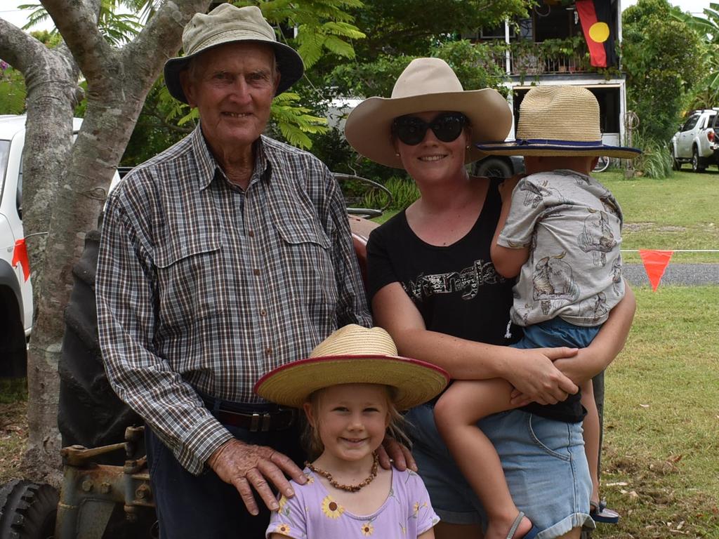 St Helens sugarcane farmer Clarence Hall with his granddaughter Jessica Thone and great grandchildren Eloise Thone and William Thone at St Helens Australia Day Celebration, January 26, 2022. Picture: Madeleine Graham