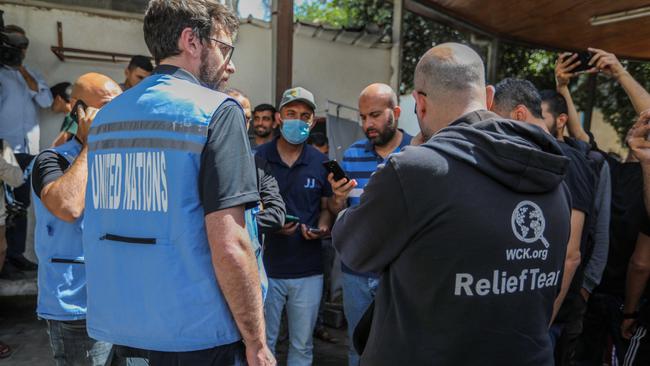 Medics prepare the bodies of World Central Kitchen workers, who were killed in Israeli air strikes, for their return to their home counties. Picture: Getty Images.