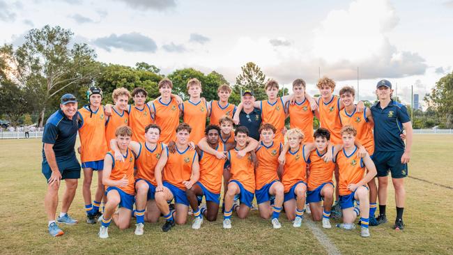 The Marist Ashgrove First XVIII squad and coaching staff. AIC Australian Rules football action between Ashgrove and St Patrick's on Friday, February 21, 2025. Picture: Seb Harman of Gower Productions.