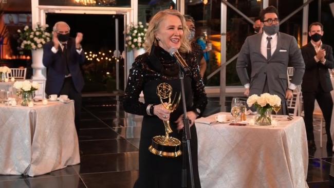 Schitt’s Creek star Catherine O'Hara took home the first Emmy of the night for Best Comedy Actress. Picture: Foxtel