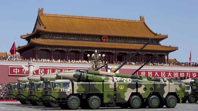 Chinese military vehicles carrying DF-21D anti-ship ballistic missiles travel past Tiananmen Gate during a military parade in Beijing. Picture: Reuters / Andy Wong