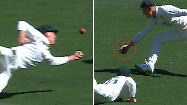 Nathan McSweeney and Marnus Labuschagne combine for a staggering catch.