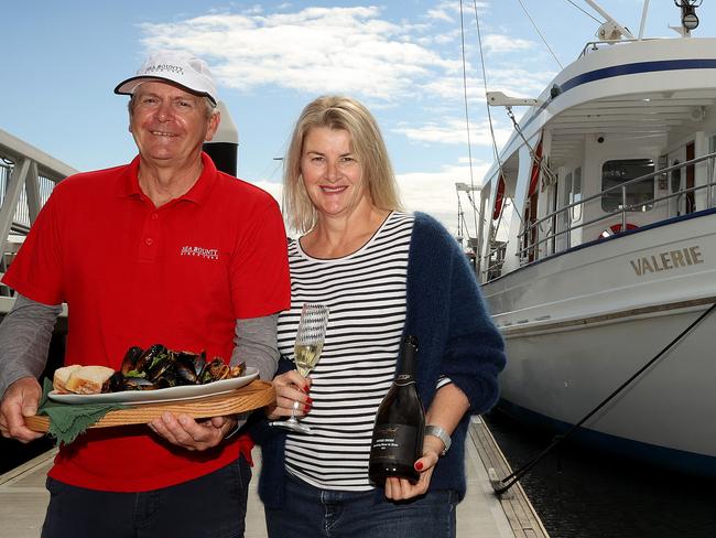 Portarlington Mussel Tours owners Lance Wiffen and Lizzie Franlkin on-board ‘Valerie’. Picture: Alison Wynd