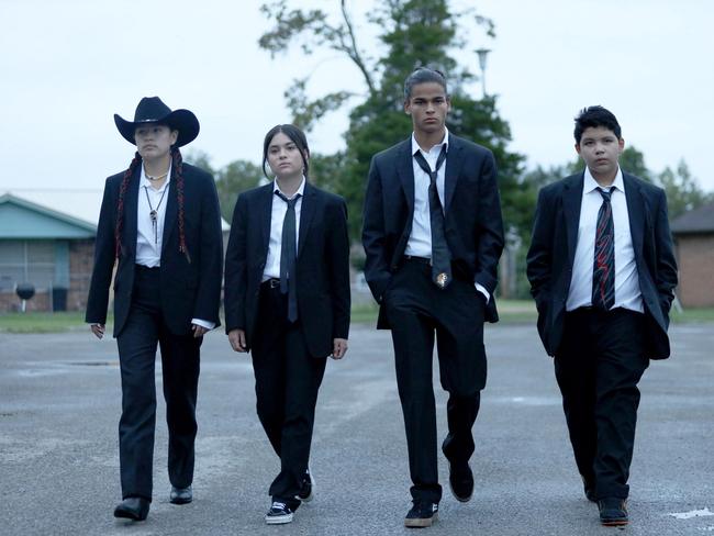 (L-R): Willie Jack (Paulina Alexis), Elora Danan Postoak (Devery Jacobs), Bear (D’Pharaoh Woon-A-Tai), Cheese (Lane Factor) in RESERVATION DOGS.