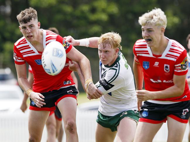 L to R: Rhys O'Dea from  Illawarra South Coast Dragons  Zane Saunders  for Western Rams and Lexin O'Dea from Illawarra South Coast Dragons.  Picture: John Appleyard. Laurie Daley Cup 2025 Round 1, Illawarra South Coast Dragons vs Western Rams at Ron Costello Oval, Shellharbour.  9 February 2025. Picture: John Appleyard